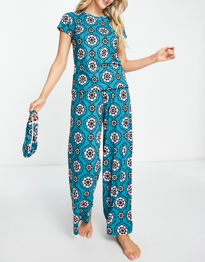 Chelsea Peers 3 piece wide leg pajama and headband set in teal and pink flower mosaic print-Blue
