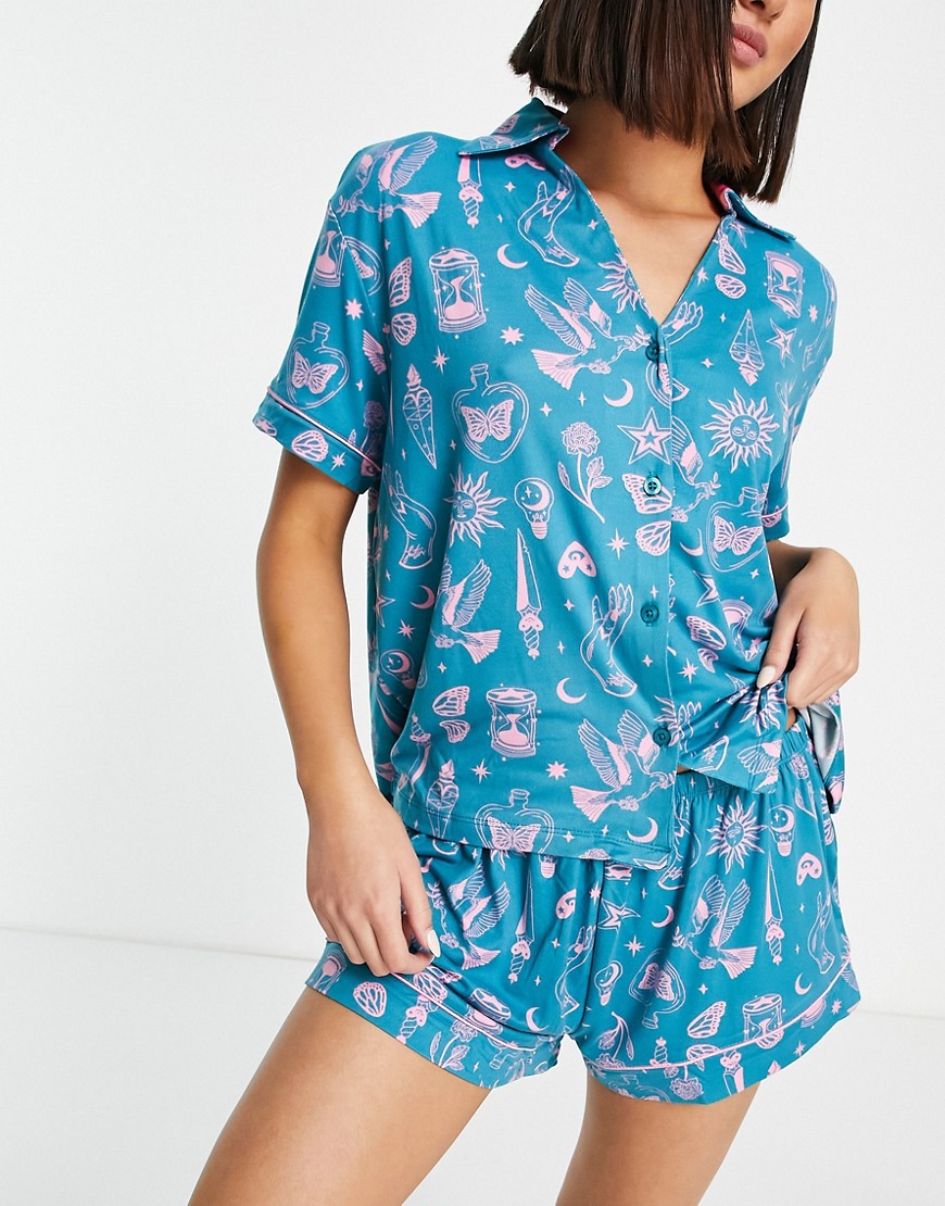 Chelsea Peers alchemy short button up pajama set in teal-Green