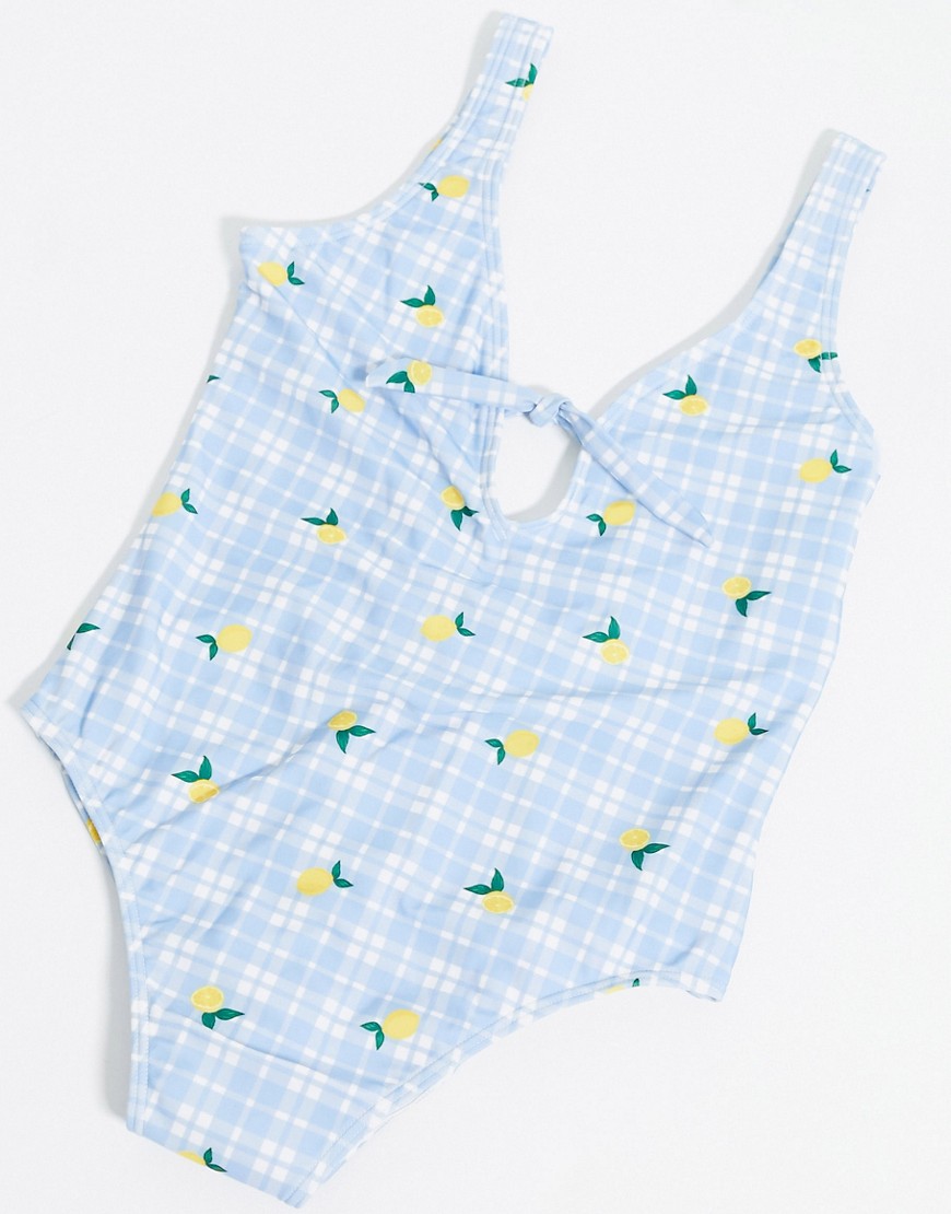 Chelsea Peers – Badeanzug aus recycelten Materialien in blauem Karomuster mit Zitronen-Print