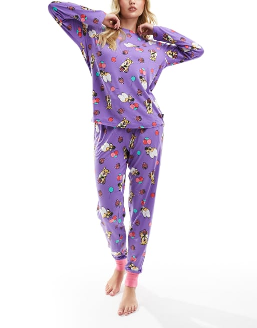 Chelsea Peers birthday corgi print long sleeve crew neck set in purple