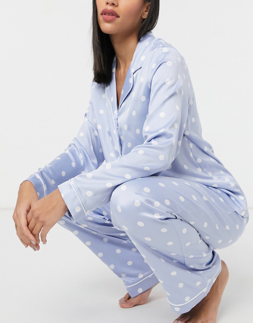 Chelsea Peers blue polkadot long sleeved shirt and pant pajama set-Blues