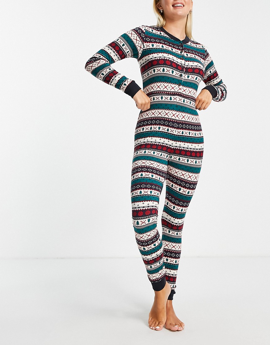 Chelsea Peers body-conscious all in one button front pajamas in Fair Isle print-Multi
