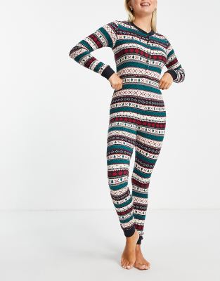 Chelsea Peers Chelsea Peers bodycon all in one button front pyjamas in fairisle print-Multi