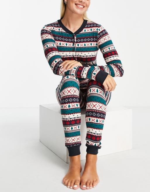 Chelsea Peers bodycon all in one button front pyjamas in fairisle print