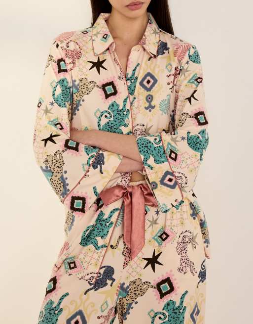 Chelsea Peers Bohemian leopard print long pyjama set in off white, 6 of 7