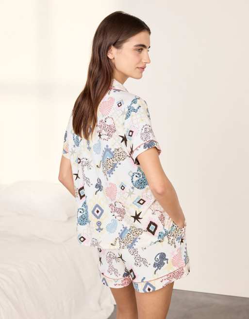 Chelsea Peers Bohemian leopard print short pyjama set in off white, 2 of 6