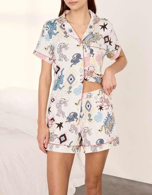 Chelsea Peers Bohemian leopard print short pyjama set in off white, 5 of 6