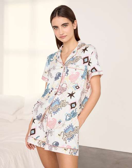 Chelsea Peers Bohemian leopard print short pyjama set in off white, 6 of 6