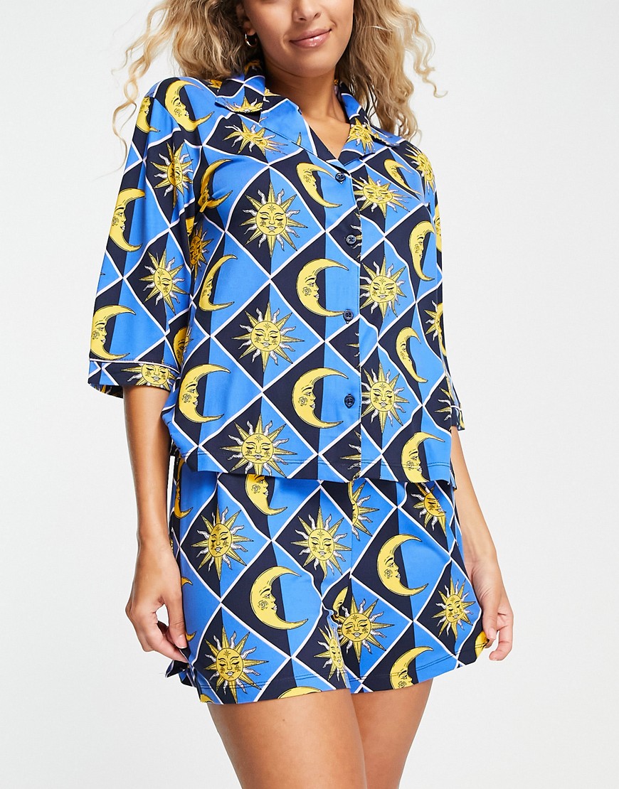 Chelsea Peers boxy shirt and short pajama set in blue and yellow sun and moon print