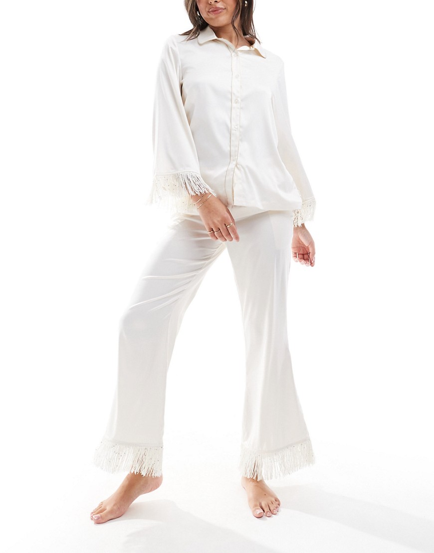 Chelsea Peers bridal satin short sleeve revere and trouser set with tassel detail in ivory-White