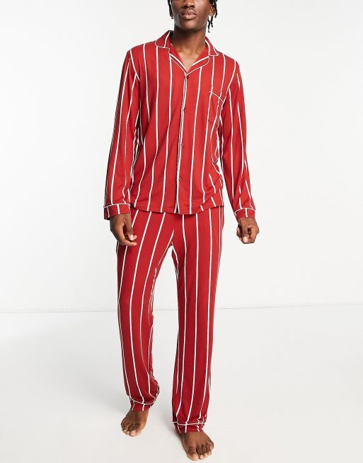 Chelsea Peers button long pyjama set in red and white stripe