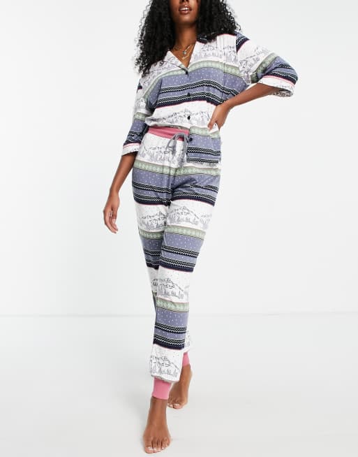 Chelsea Peers button through pyjama set in mountain fair isle print
