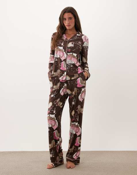 Chelsea Peers button-up pyjama set in neutral party leopard print - view 1