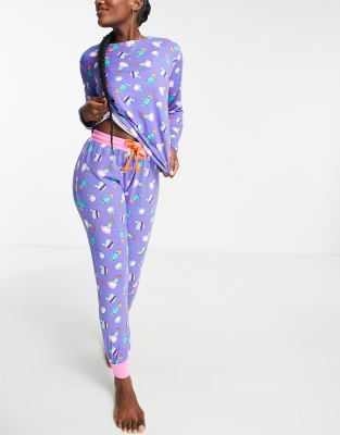 Chelsea Peers Plus cactus cat long pajama set in purple