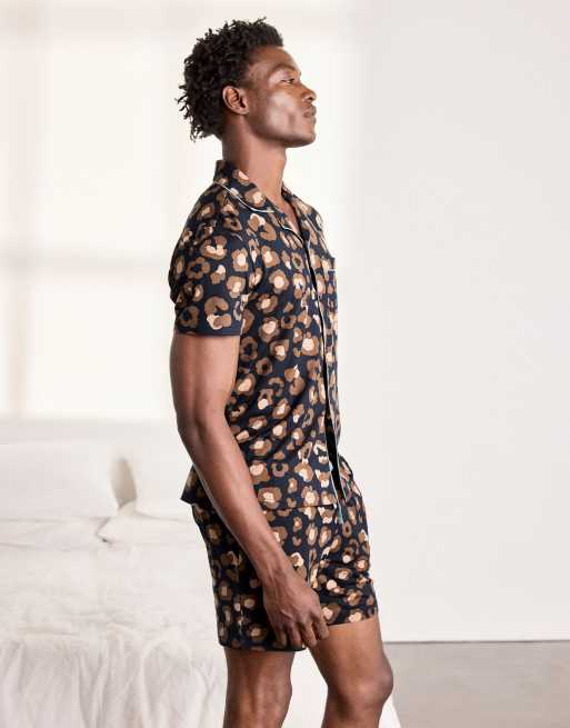 Chelsea Peers Camo leopard print short pyjama set in navy, 6 of 7