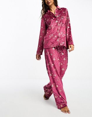 Chelsea Peers celestial velour long pyjama set in burgundy