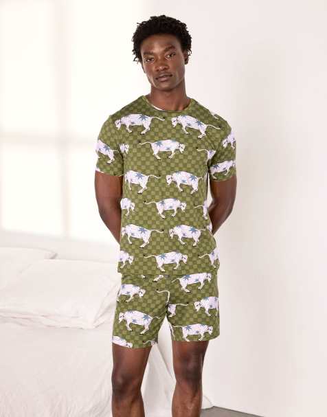 Chelsea Peers Checkerboard bison print short pyjama set in olive - view 1