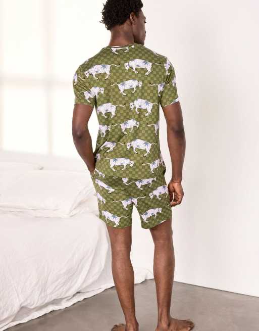 Chelsea Peers Checkerboard bison print short pyjama set in olive, 6 of 7
