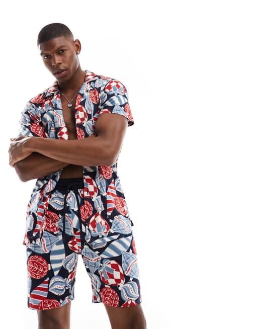 Chelsea Peers christmas bauble short button pyjama set in red and blue