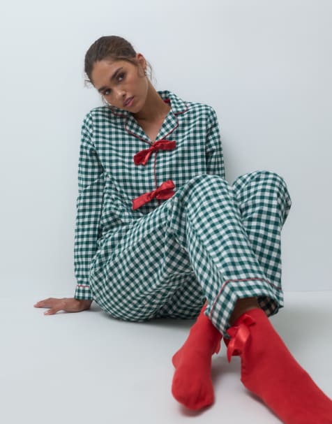Chelsea Peers Christmas brushed cotton flannel tie front shirt and trouser pyjama set in green gingham check - view 1