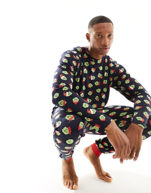 Chelsea Peers christmas brussel sprouts long pyjama set in navy