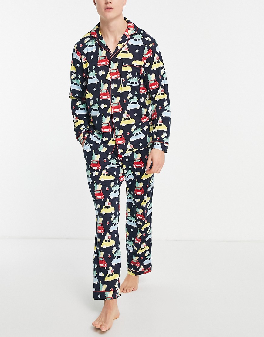 Chelsea Peers Christmas button down taxi pajamas in black print