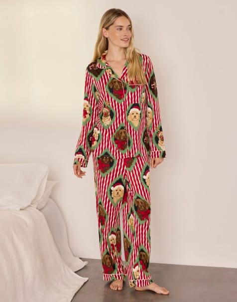 Chelsea Peers Christmas chip & friends stripe print long pyjama set in red - view 1