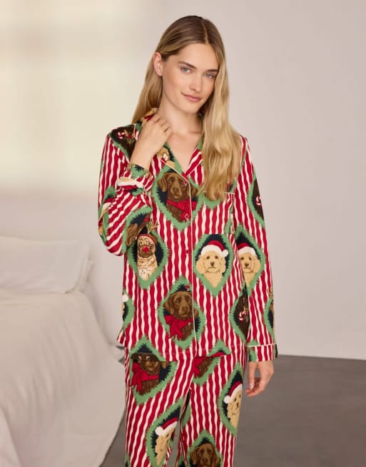 Chelsea Peers Christmas chip & friends stripe print long pyjama set in red, 2 of 6
