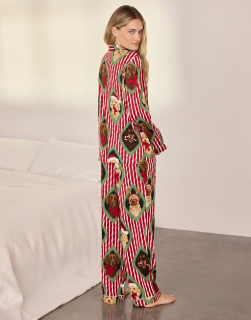 Chelsea Peers Christmas chip & friends stripe print long pyjama set in red, 3 of 6