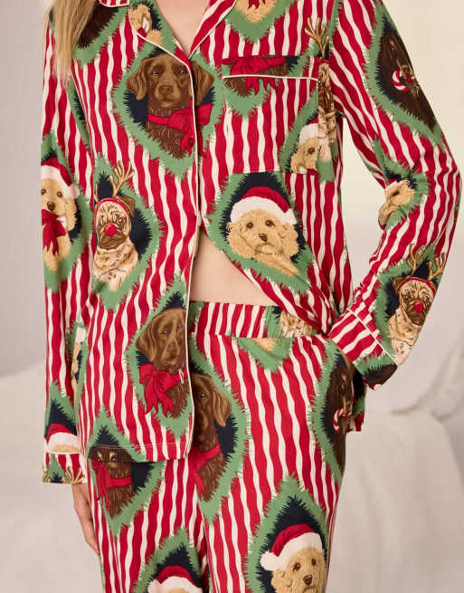 Chelsea Peers Christmas chip & friends stripe print long pyjama set in red, 4 of 6