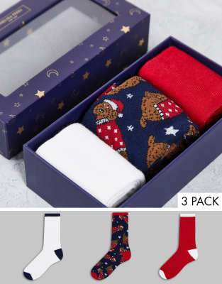 Chelsea Peers christmas cockapoo dog 3 pack socks in navy and red-Multi