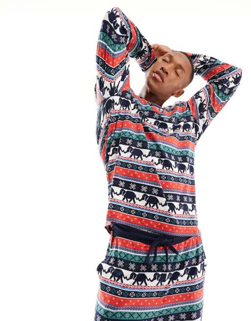 Chelsea Peers christmas elephant fair isle long pyjama set in blue and red
