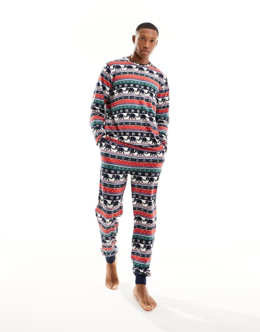 Chelsea Peers christmas elephant fairisle long pyjama set in blue and red