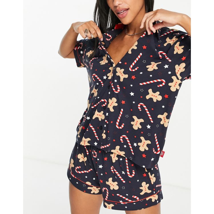 Chelsea Peers Christmas gingerbread man short pyjamas in navy ASOS