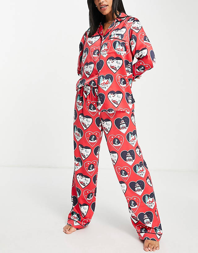 Chelsea Peers - christmas heart satin long pyjamas in red