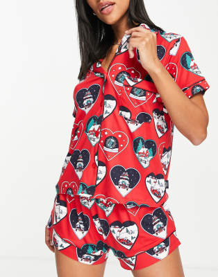 Chelsea Peers Christmas heart satin short pyjamas in red