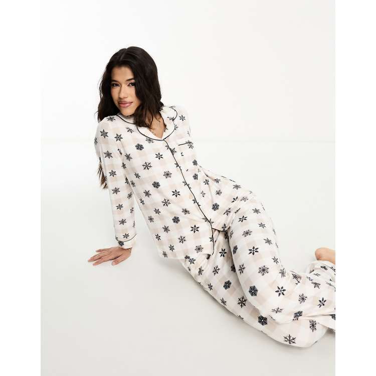 Chelsea Peers Christmas jersey checked snowflake print button top and  trouser pyjama set in beige