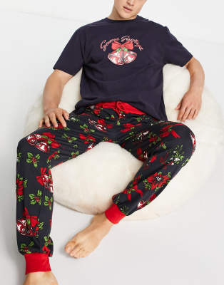 Chelsea Peers Christmas pajamas in red bell print-Navy