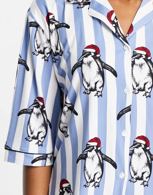 Chelsea Peers Christmas penguin satin stripe pajamas in pale blue