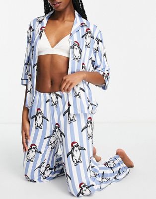 Chelsea Peers christmas penguin satin stripe pyjamas in pale blue