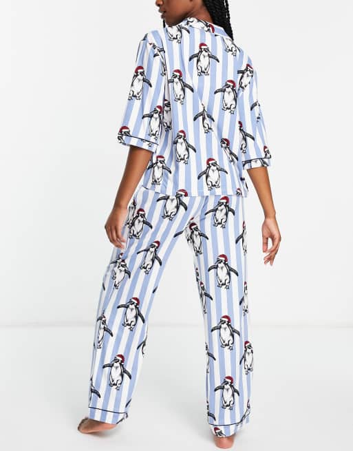 Chelsea Peers christmas penguin satin stripe pyjamas in pale blue , 3 of 4