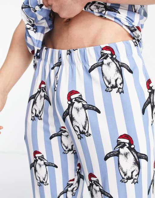 Chelsea Peers Christmas pyjamas in blue stripe with penguin print, 4 of 4
