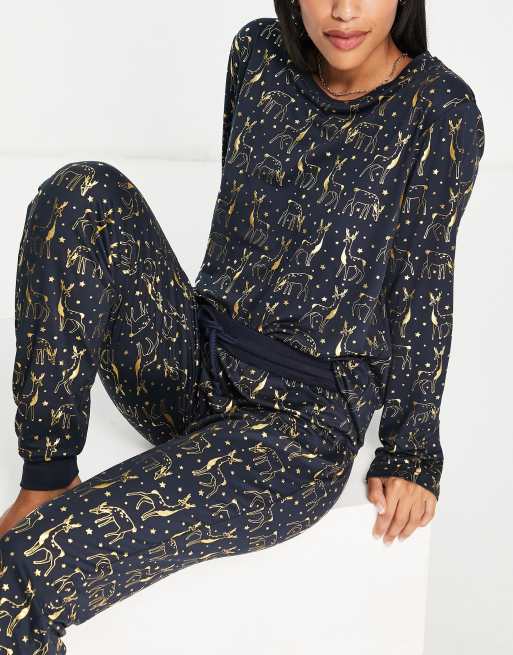 Chelsea Peers Christmas reindeer foil pyjamas in navy