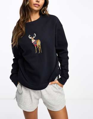 Chelsea Peers Chelsea Peers Christmas reindeer lounge sweatshirt in navy