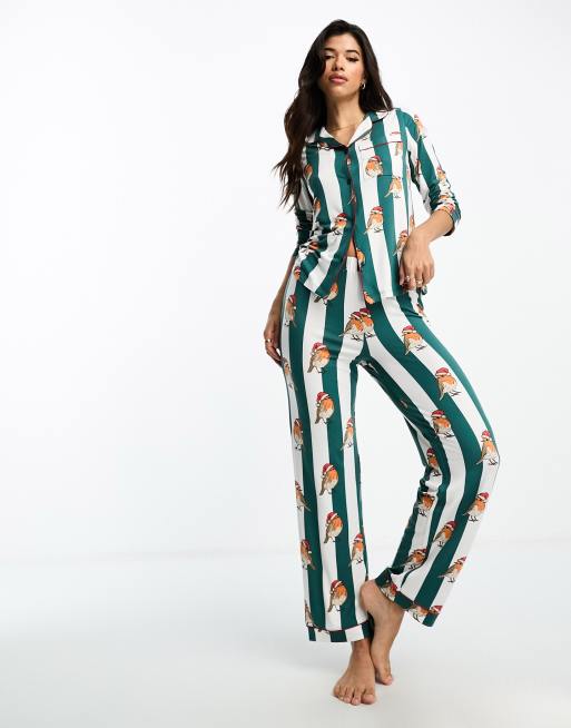 Chelsea Peers christmas robin stripe long pyjamas in green and