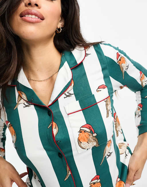 Chelsea Peers christmas robin stripe long pyjamas in green and white, 3 of 4