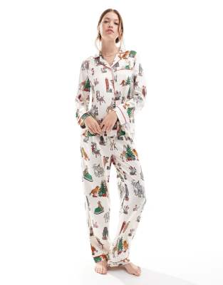 Christmas satin circus print long sleeve top and pants pajama set in cream-White