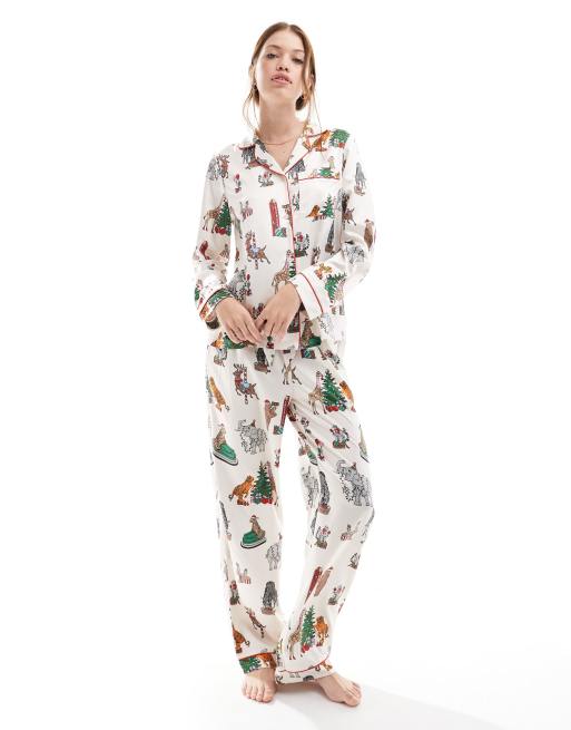Chelsea Peers Christmas satin circus print long sleeve top and pants pyjama set in cream