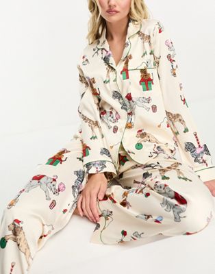 Chelsea Peers Christmas satin circus print long sleeve top and trouser pyjama set in cream