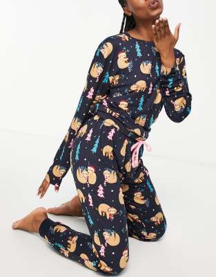 Chelsea Peers Petite Christmas Sloth Long Pajamas In Navy